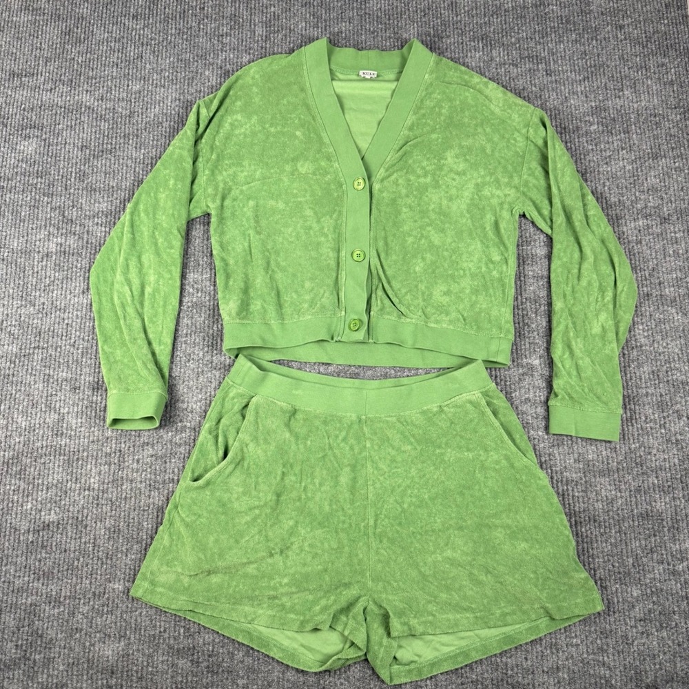KULE 2 Pc SET Womens L/XL Green Terry Cloth Cardigan & Shorts Cotton Lounge